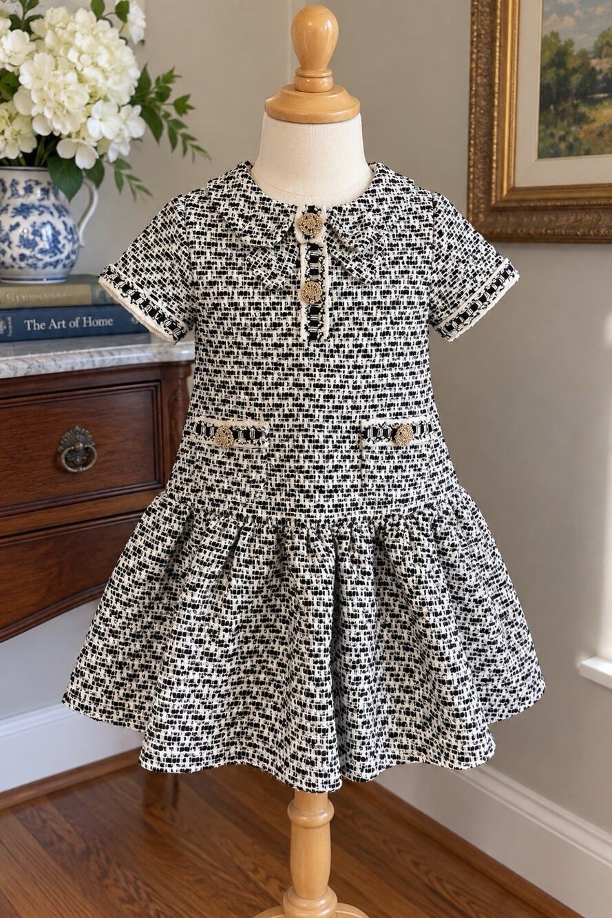 Patachou Girls Dress Size 4 Black White Boucle Tweed Gold Buttons Designer